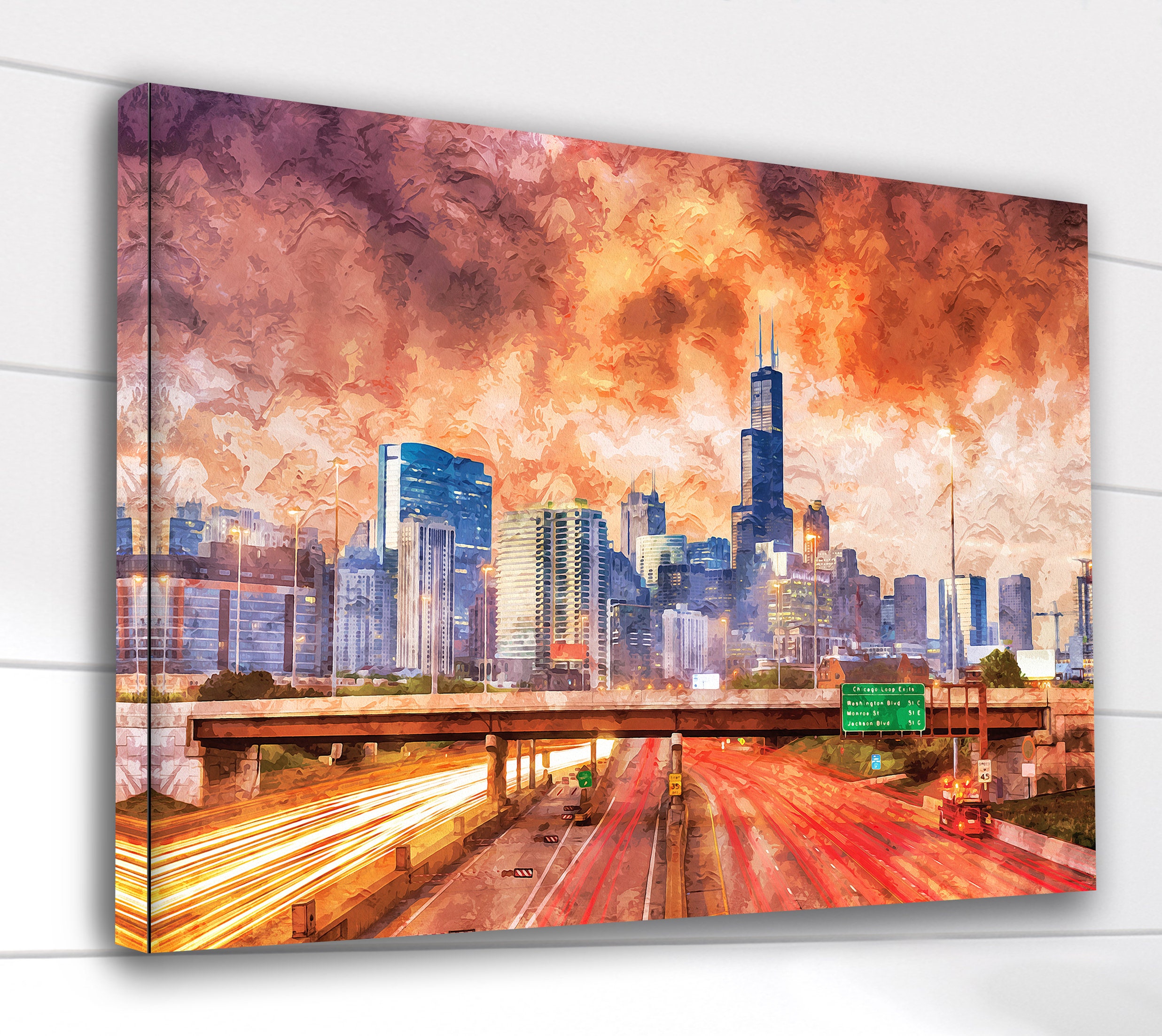 Chicago Illinois watercolor, Chicago wall art, Chicago Canvas watercolor, Chica