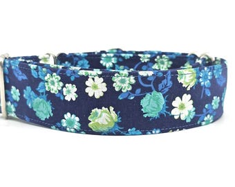 Navy & Teal Blue Green Floral Dog Collar
