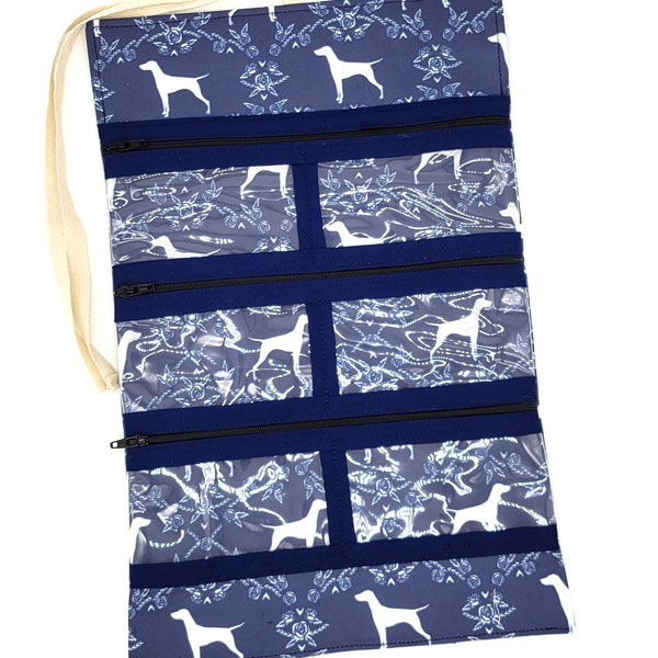 Vizsla Silhouette Dog Show Lead Organizer - Navy Blue Floral Print - Zipper Pockets - Travel Jewelry Holder - Dog Show Supplies