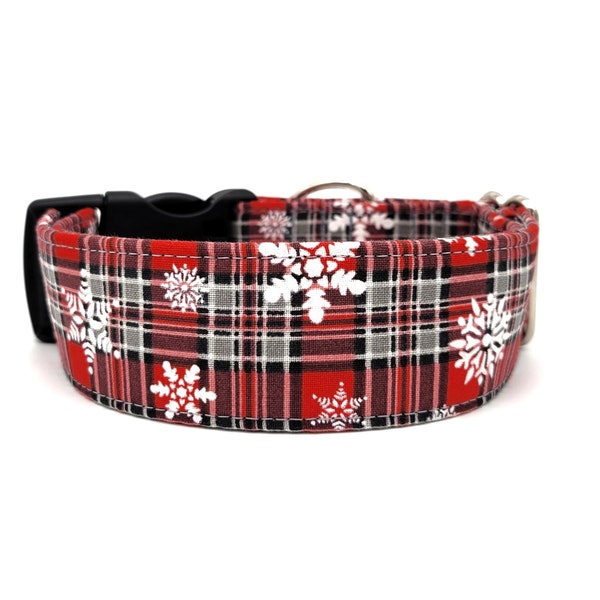 Red Buffalo Plaid & Snowflakes Dog Collar - Holiday Collar - Country Collar - Christmas Collar - Winter Collar - Martingale Collar