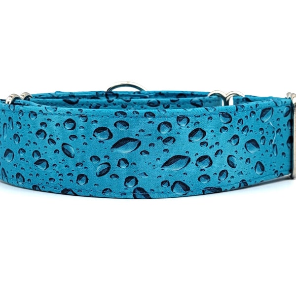 Dark Teal Blue Rain Drops Dog Collar - Abstract Water Droplets Collar - 2 Inch Collar - Martingale Collar