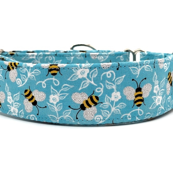 Light Blue Floral Bumble Bee Dog Collar - Honey Bee Collar - Sparkle Collar - Spring Collar - Glitter Collar - Girl Collar - 2 Inch Collar