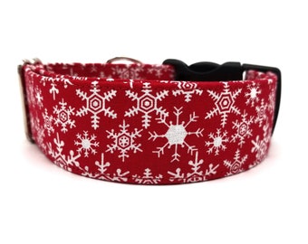Red Snowflakes Dog Collar - Holiday Collar - Christmas Collar - Winter Collar - 2 Inch Collar - Martingale Collar