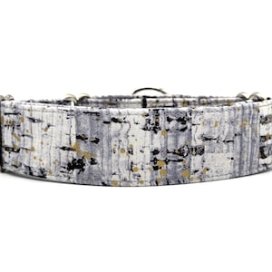 May include: A grey and white dog collar with a gold and black speckled pattern. The collar has silver hardware.