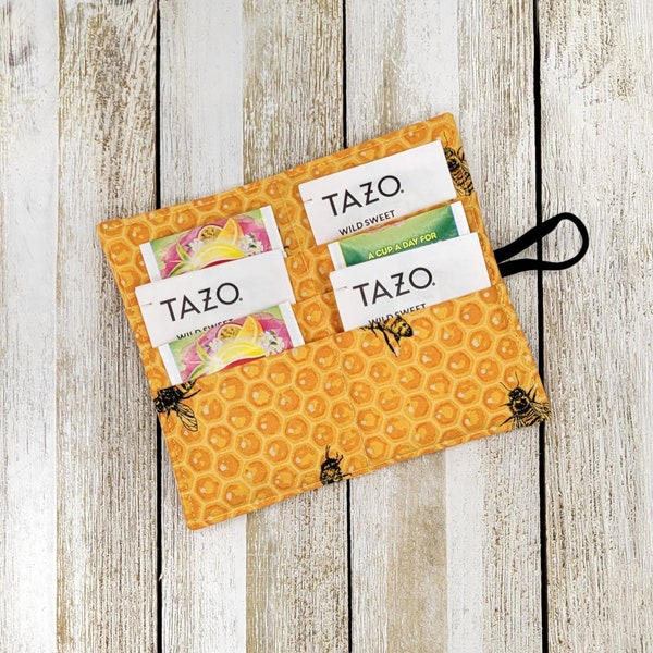 Golden Yellow Honey Bees & Honey Comb Travel Tea Wallet - 6 Pocket Tea Bag Holder