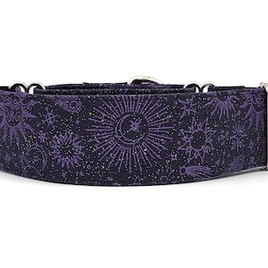 Celestial Moon & Sun Dog Collar - Black Purple Glitter Collar - Martingale Collar - 2 Inch Collar