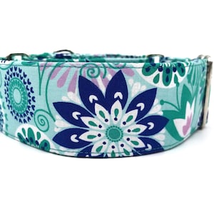 Teal Blue Floral Dog Collar - Retro Collar - Hippy Collar - Girl Collar- Spring Collar - Summer Collar - 2 Inch Collar
