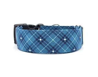 Teal Blue Plaid Dog Collar - Woven Look Collar
