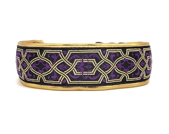 Gold Metallic Jacquard Ribbon Hidden Prong Training Dog Collar - Real Leather - 2 inch Wide Collar