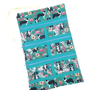 Black Border Collie Dog Show Lead Organizer - Teal Blue Pink Floral Print - Zipper Pockets - Travel Organizer - Dog Show Supplies
