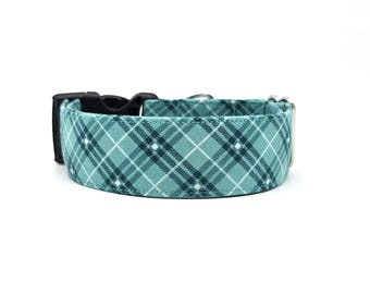 Teal Green Plaid Dog Collar - Woven Look Collar