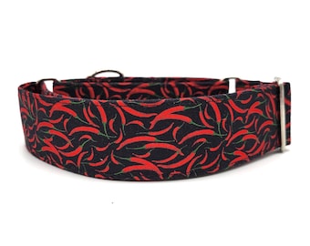 Red Chili Peppers Dog Collar - Mexican Food Collar - Hot Chili Pepper Collar - Funny Collar - Black Collar - 2 Inch Collar