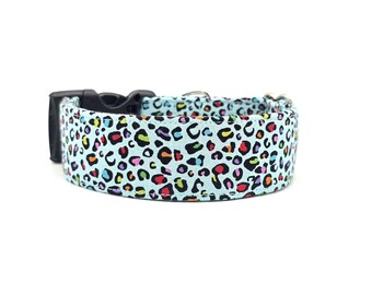 Rainbow Cheetah On Light Blue Dog Collar