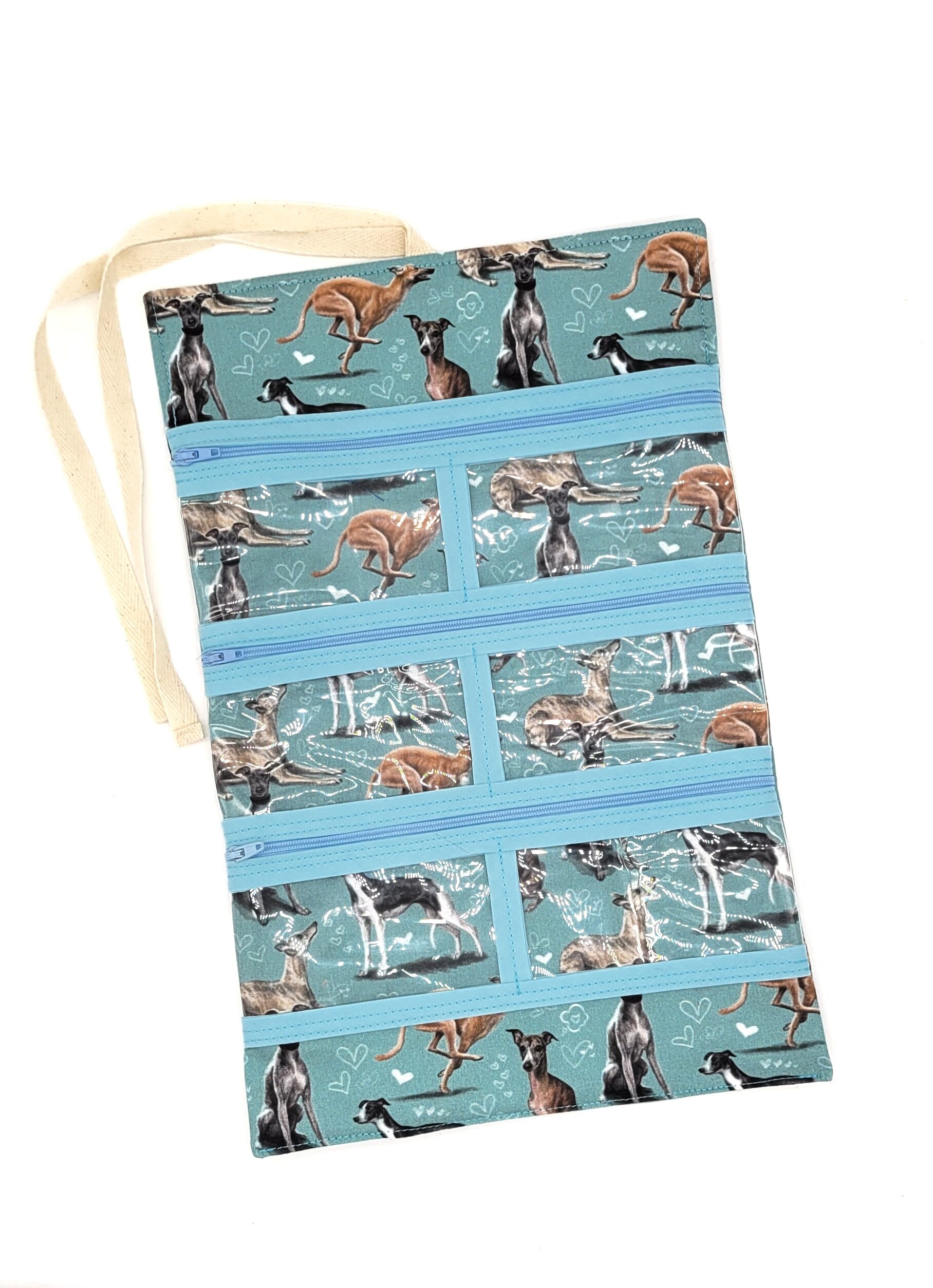 Whippet Show Lead Organizer Teal Light Blue Hearts Print Zipper
