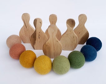 Wood Bowling Pins with Felt Bowling Ball // 100% Wool Felt Ball, Wood Montessori Toy, Handmade Toy, Kids Birthday Gift, Eco Friendly Present