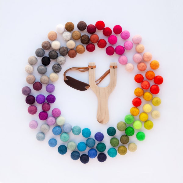 Felt Ball Slingshot: Handcrafted Maple Wood Toy Slingshot, Gender Neutral Birthday Present, Mix and Match Felt Balls, Father's Day Gift