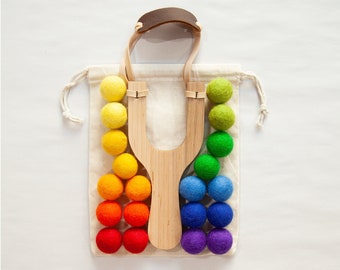 Filz Ball Schleuder: Handgefertigte Ahorn Holz Spielzeug Schleuder, Kinder Spaß Geburtstagsgeschenk, Marshmallow Schleuder, Regenbogen Pom Poms