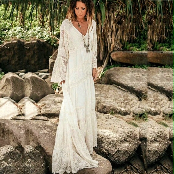 Boho Dress Boho Wedding Lace Dress Maxi Boho Dress White Etsy