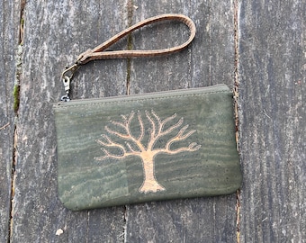 Olive and Bark Cork Tree Wristlet