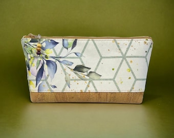 Floral Geo Canvas and Natural Cork Zipper Pouch