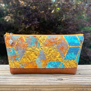 Patina Geo Canvas and Caramel Cork Zipper Pouch