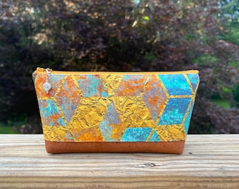 Patina Geo Canvas and Caramel Cork Zipper Pouch