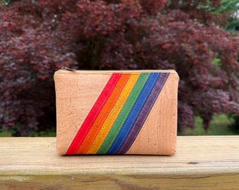 Rainbow Stripe Zipper Pouch with Natural Cork