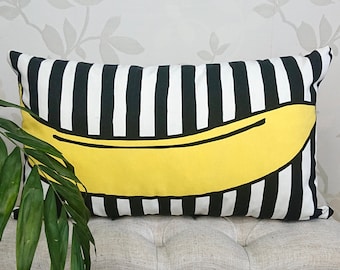 Banana pillow, Black white yellow throw pillow, Mid century modern pillow, Nordic pillow case, Geometric accent pillow, Stripe lumbar pillow