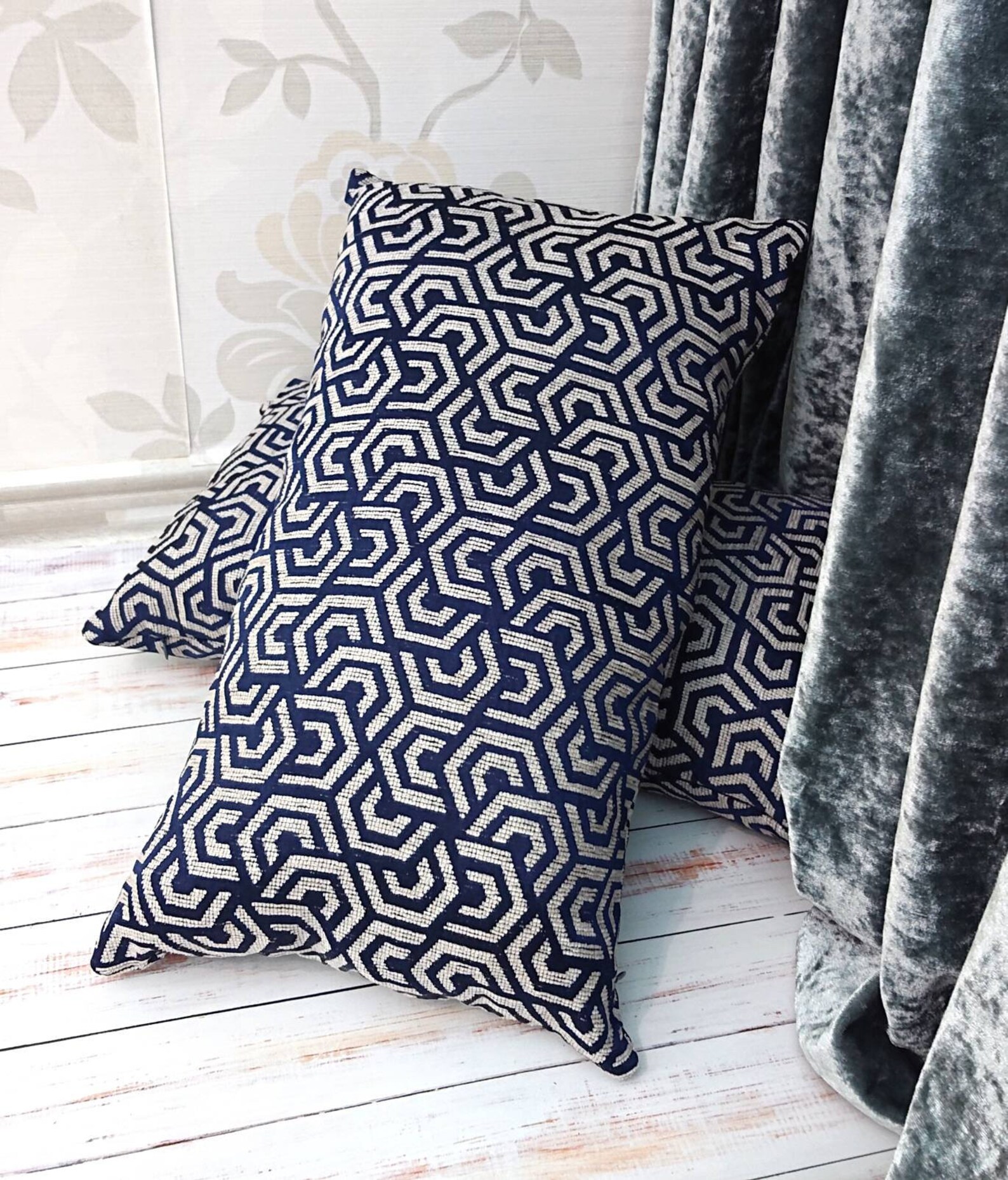 Navy geometric cushion Midnight blue cushion Navy beige Etsy
