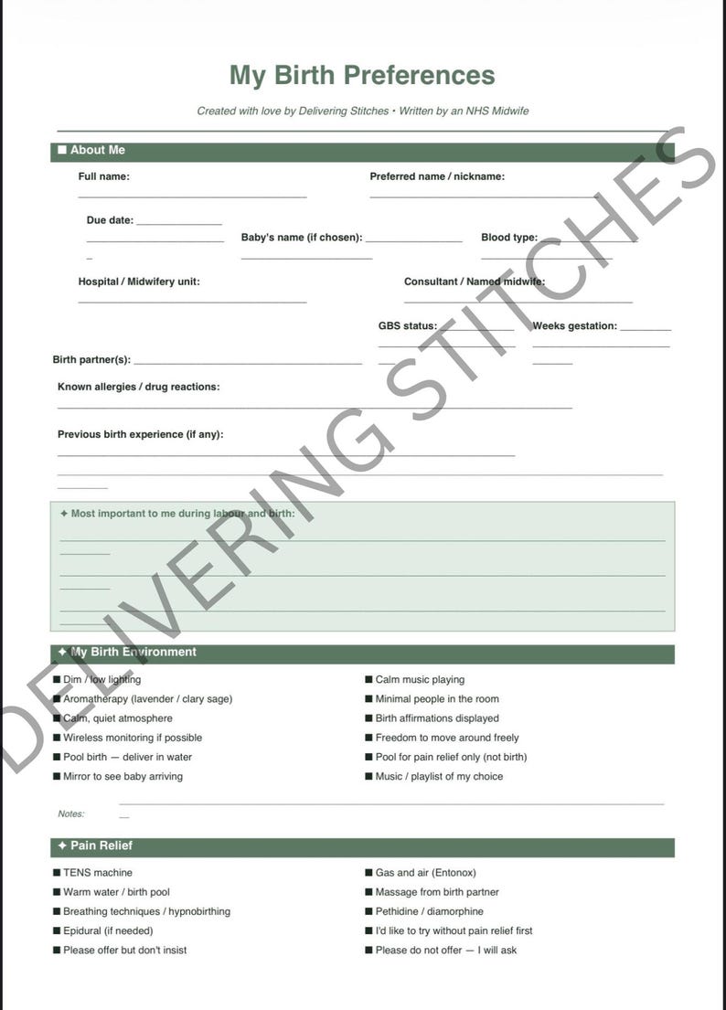 Birth Preferences Template | NHS Midwife Written Birth Plan Checklist ...