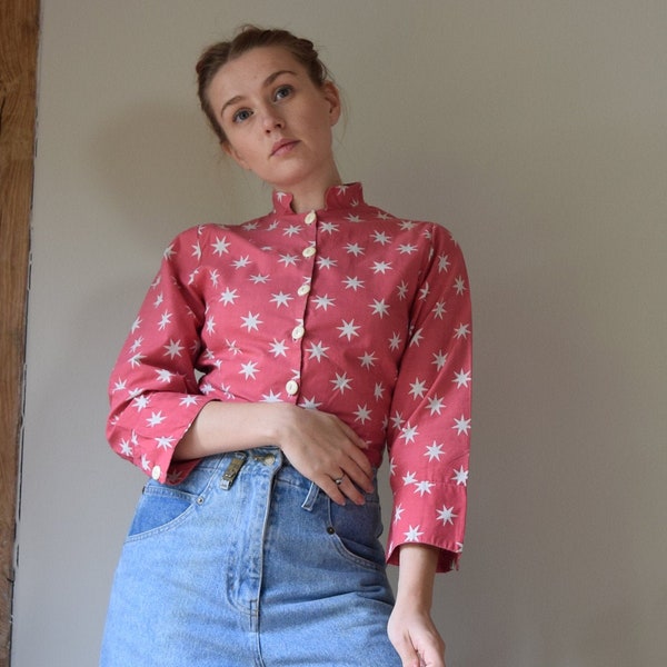 Unique 50s Star Print Cotton Shirt Jacket. Small - 34" Chest. Hand Sewn. Cropped, Stand Collar