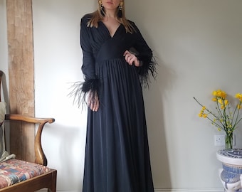 Vintage 70s Ostrich Feather Sleeve Dress. Medium - 30" Waist. John Charles. Black, Maxi