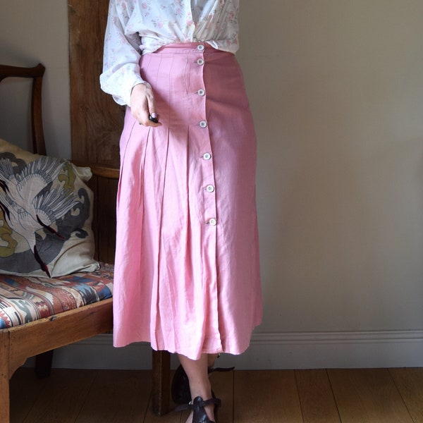 Jaren '80 Laura Ashley geplooide roze rok. UK Maat 12. Midi, Pastel, Katoen en Linnen