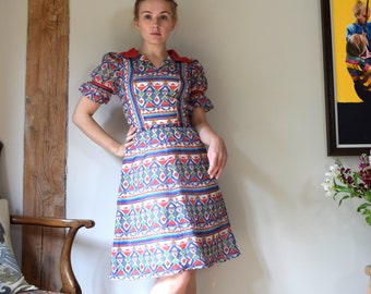 Vintage Multicolour 40s Style Dress. Size Small / 25" Waist. Puff Sleeves, Skater Skirt