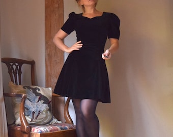 80s Laura Ashley Black Velvet Party Dress. Size 12. Puff Sleeves, Skater Skirt