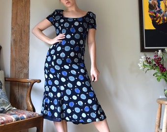 Vintage Jaeger Midi Dress. UK 10. Large Blue Spots, 80s 90s