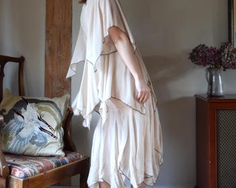70s David Silverman Handkerchief Dress. Small - 32&quot; Underbust. Off-White