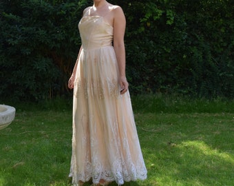 70s Silk Beaded Lace Dress. Small - 27&quot; Waist. Lace, Maxi, Evening. 1930s Style. Grace Elliott. Wedding, Bridal