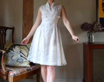 1950s Wedding Lace Dress. Size Small - 28&quot; Waist. Silver Trim, Midi