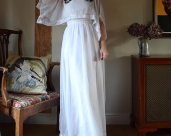 70s Jean Varon White Cape Dress. 27&quot; Waist. Maxi, Silver Embroidery, Sheer Layers