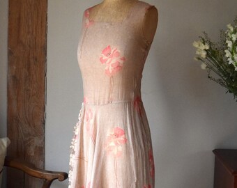 20s Pink Silk Chiffon Dress. Sheer. Damaged. Asymmetrical ruffle skirt