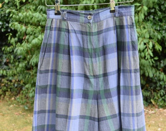 80s Laura Ashley Super Soft Cotton Shorts. Small - 25" Waist. Check, Blue Green, High Waist