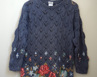 80s Laura Ashley Cotton Diamond Knit Jumper. Medium. Embroidered, Floral