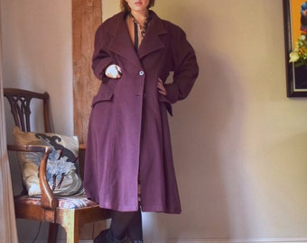 Vintage Laura Ashley Wool and Cashmere Coat. UK 16. Purple / Brown. Flared