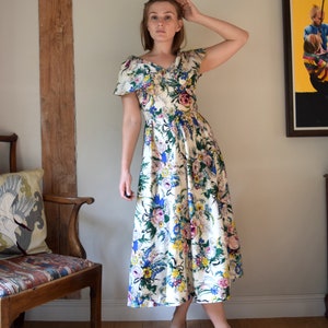1940s Floral Evening Dress. 27 Waist. Gathered, Shawl Collar, Circle Skirt. image 1