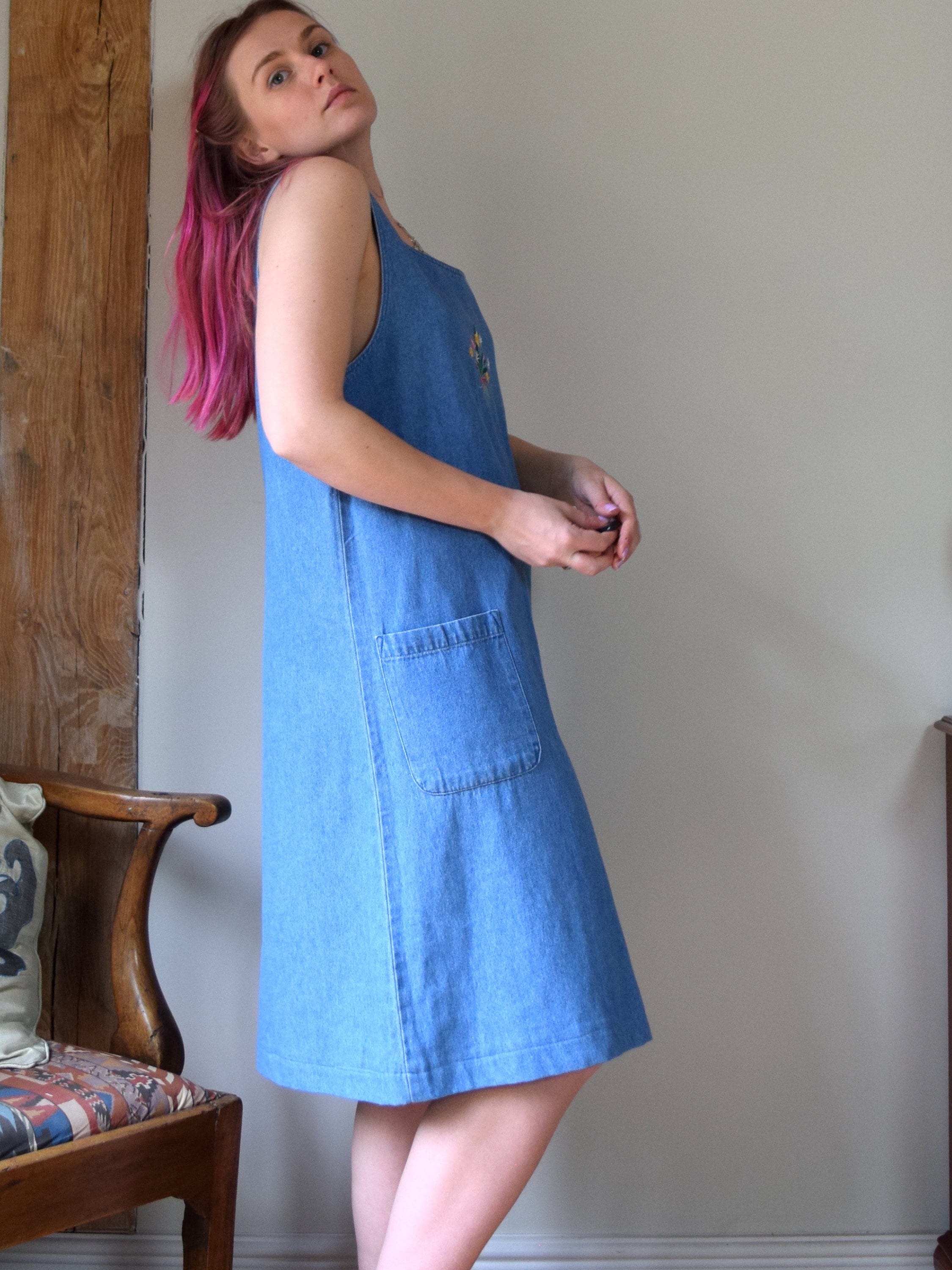 embroidered denim pinafore dress Pocket Cat Washed Denim Pinafore Dress main image 0