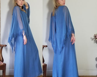 70s Fringed Cape Maxi Dress. Medium - 38" Chest. Powder Blue, Evening, like Jean Varon