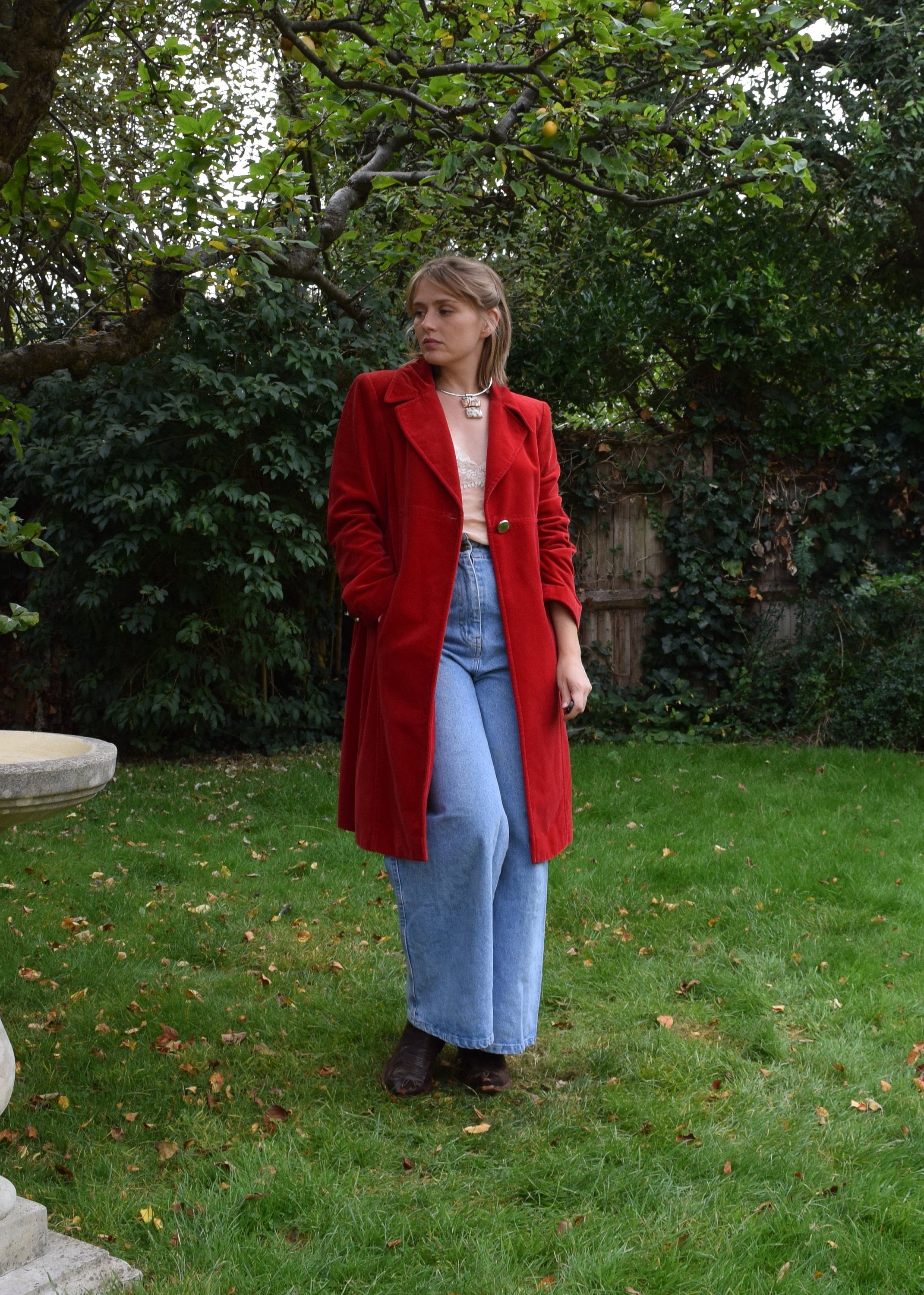 90s Valentino Red Velvet Coat. IT 44. Cotton, Flared, Empire Waist