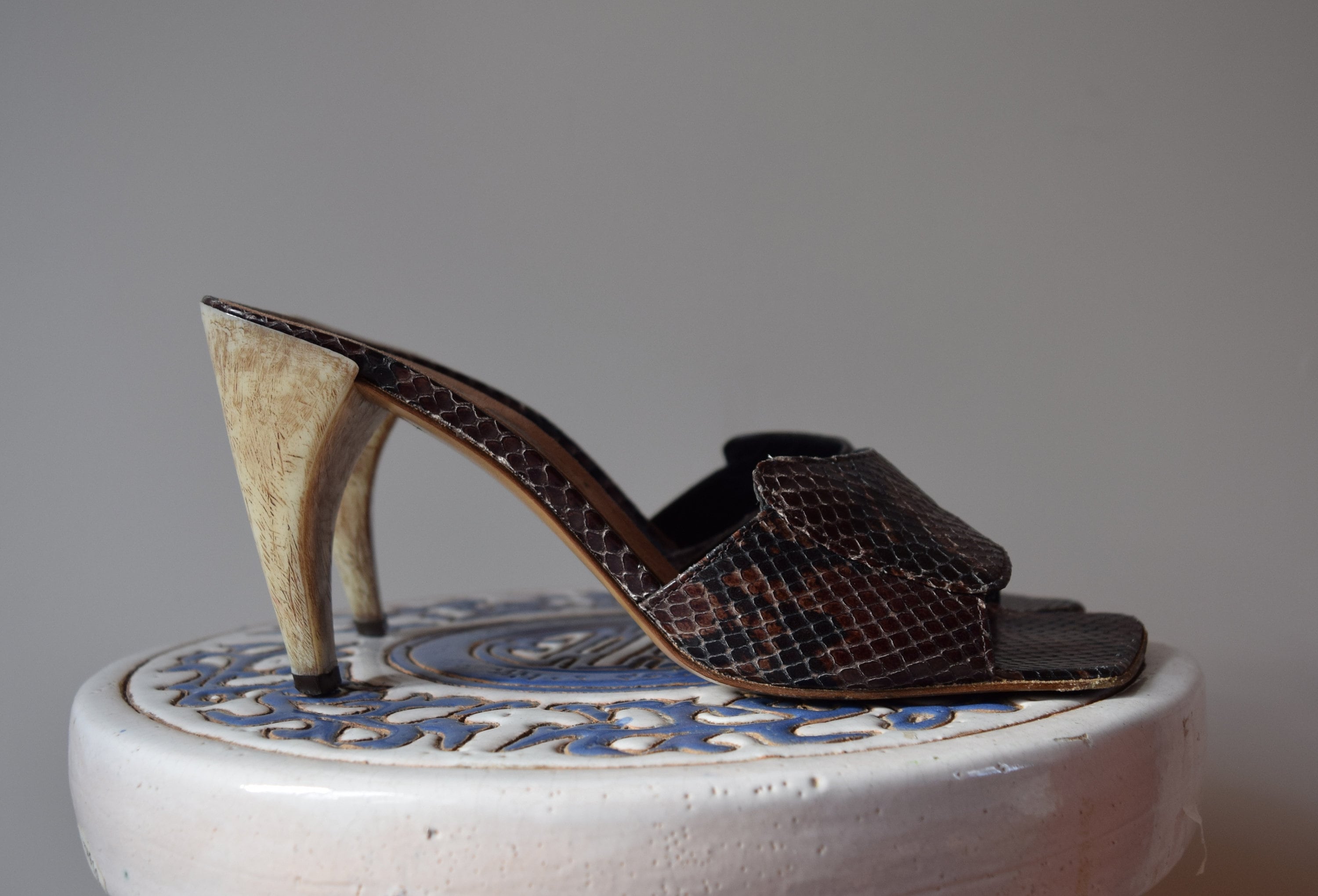 Metallic Snakeskin Embossed Chunky Heeled Mule Sandals