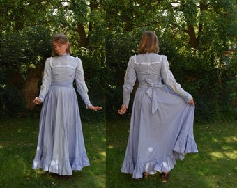 70s Laura Ashley Maxi Dress. UK Size 10. Sold As Seen. Blue, Ruffled, Floral, Lace